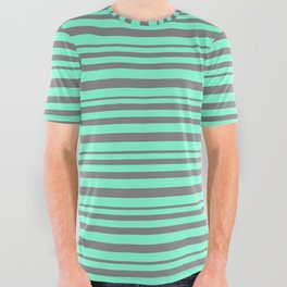 [ Thumbnail: Grey and Aquamarine Colored Striped/Lined Pattern All Over Graphic Tee ]