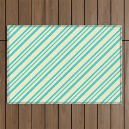 [ Thumbnail: Light Yellow and Turquoise Colored Lined Pattern Outdoor Rug ]