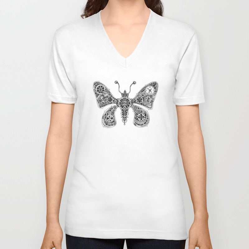 Frohawk The Mechanical Steampunk Butterfly Unisex V Neck By Squidoodle