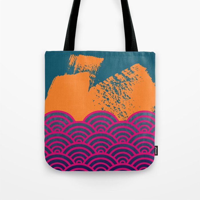 Japanese Wave Pattern Brushtroke Teal Pink Orange Tote Bag