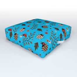 Ladybug and Floral Seamless Pattern on Turquoise Background Outdoor Floor Cushion