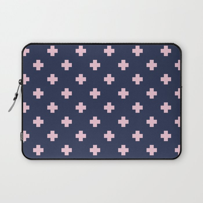 Pink Swiss Cross Pattern on Navy Blue background Laptop Sleeve