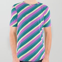 [ Thumbnail: Orchid, Blue, Teal & Light Yellow Colored Striped/Lined Pattern All Over Graphic Tee ]