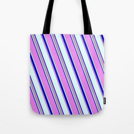 [ Thumbnail: Light Cyan, Blue, Violet, and Dark Grey Colored Lines/Stripes Pattern Tote Bag ]