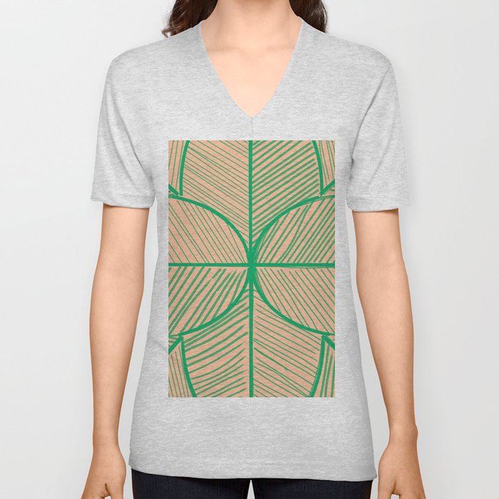 Minimal Tropical Leaf Tan Green V Neck T Shirt