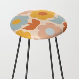 Primrose Flowers Retro Floral Pattern in Muted Apricot Blush Mustard Ice Blue Counter Stool