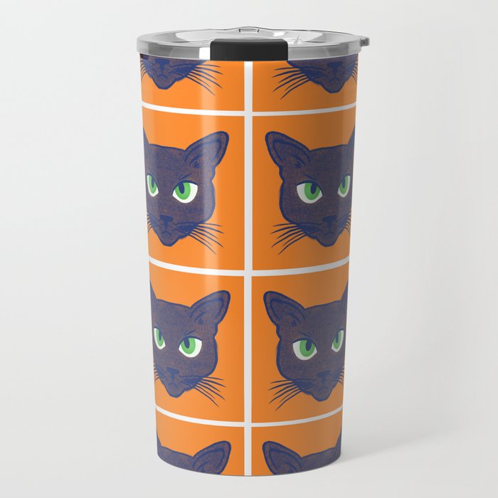 Retro Periwinkle Cats on Orange Halftone Pattern Travel Mug