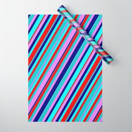[ Thumbnail: Colorful Aqua, Red, Dark Turquoise, Violet, and Blue Colored Lined Pattern Wrapping Paper ]