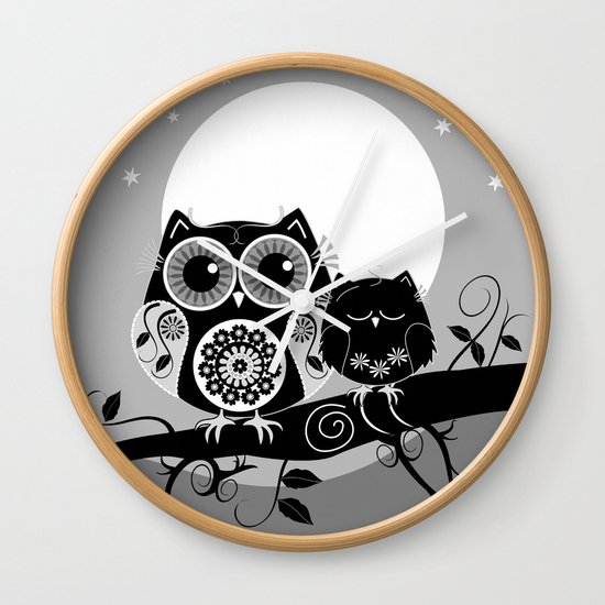 B&W Flower power Owl and her Sleepy Baby Wall Clock