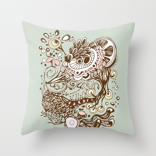 Zentangle green flower roots doodle Throw Pillow