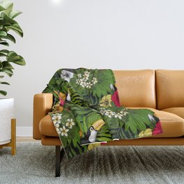 Toucans and tropical flora, green, yellow, red and orange Throw Blanket