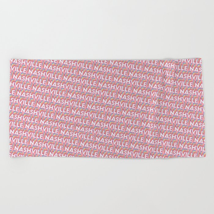 Nashville, Tennessee Trendy Rainbow Text Pattern (Pink) Beach Towel