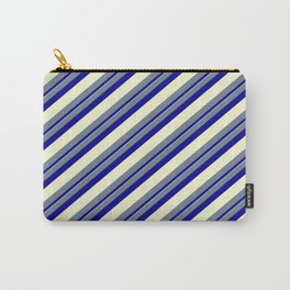 [ Thumbnail: Slate Gray, Dark Blue & Light Yellow Colored Lined Pattern Carry-All Pouch ]