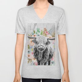Highland Cow With Flowers on Marble Black and White V Neck T Shirt