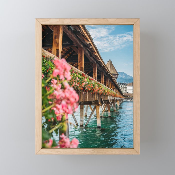 Lucerne Kapellbrücke - Switzerland Wooden Bridge and Flowers - Travel Photography Framed Mini Art Print