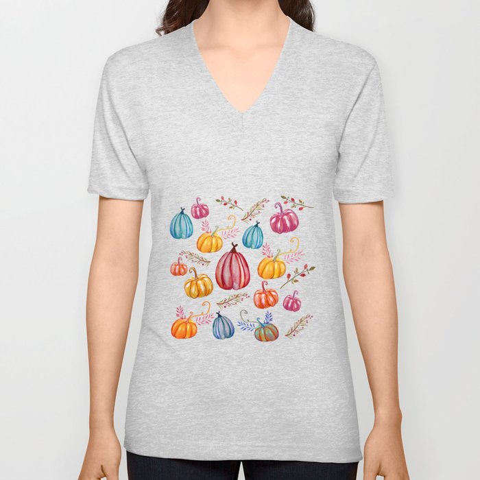Pumpkins Colorful Watercolor Art  V Neck T Shirt