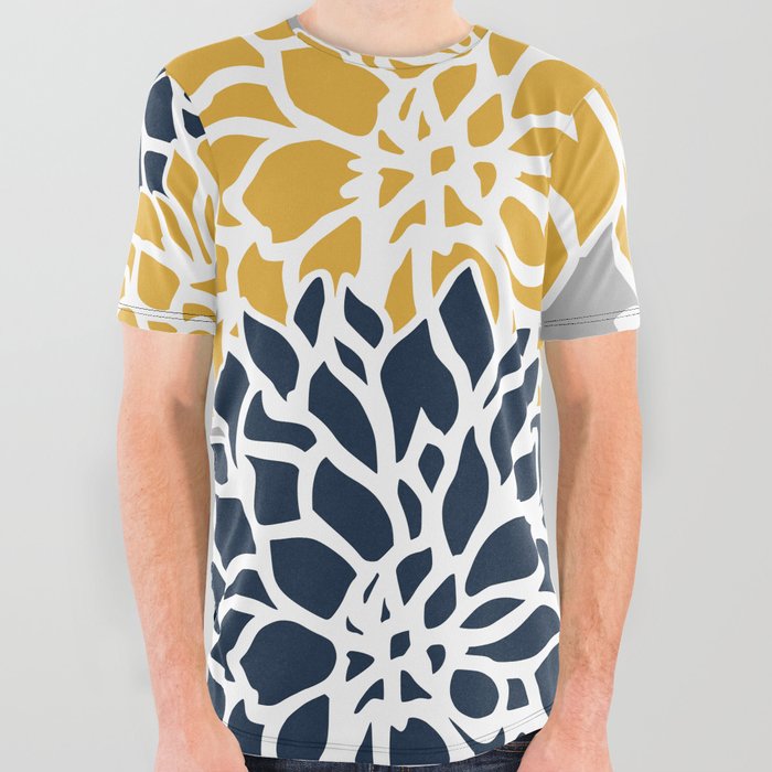 Flower Blooms, Yellow, Grey, Navy All Over Graphic Tee