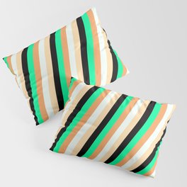 [ Thumbnail: Eye-catching Green, Brown, Mint Cream, Tan, and Black Colored Lines/Stripes Pattern Pillow Sham ]