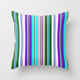 [ Thumbnail: Eye-catching Dark Violet, Cyan, Light Pink, Dark Green, and White Colored Lined Pattern Throw Pillow ]