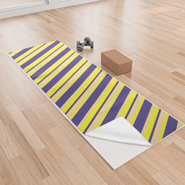 [ Thumbnail: Yellow, Tan, and Dark Slate Blue Colored Striped/Lined Pattern Yoga Towel ]