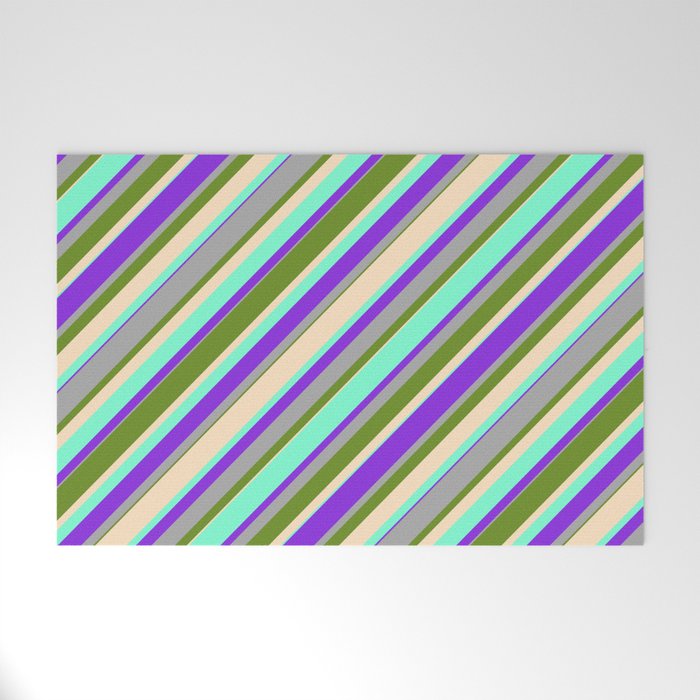 Green, Bisque, Aquamarine, Purple & Dark Gray Colored Stripes Pattern Welcome Mat