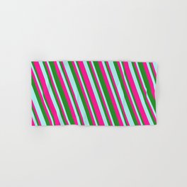 [ Thumbnail: Turquoise, Deep Pink, and Forest Green Colored Pattern of Stripes Hand & Bath Towel ]