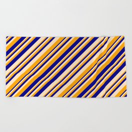 [ Thumbnail: Bisque, Orange, and Dark Blue Colored Stripes/Lines Pattern Beach Towel ]