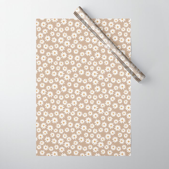 Daisies - daisy floral repeat, daisy flowers, 70s, retro, black, daisy florals camel brown Wrapping Paper