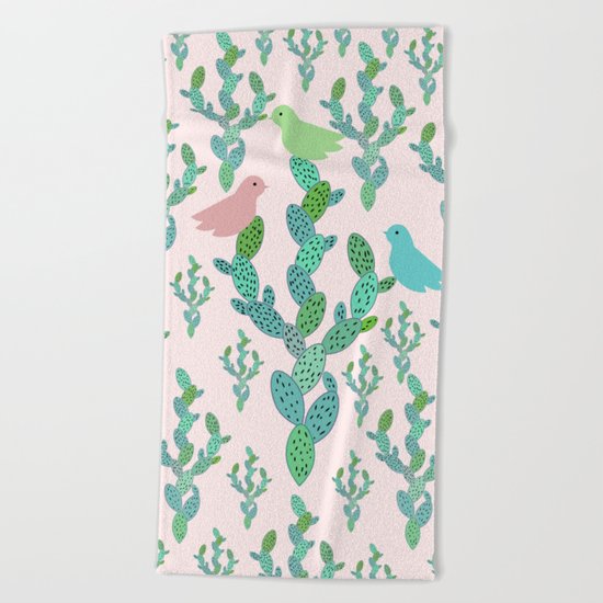 Birds and cacti Beach Towel
