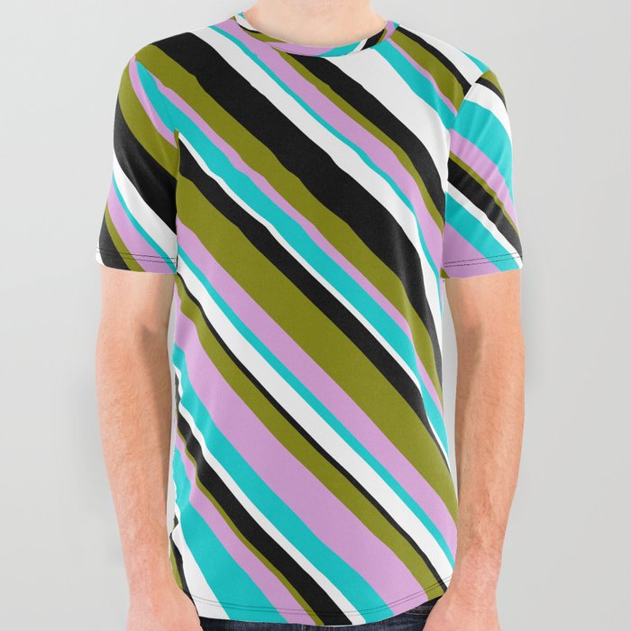 Eye-catching Green, Plum, Dark Turquoise, White & Black Colored Striped/Lined Pattern All Over Graphic Tee
