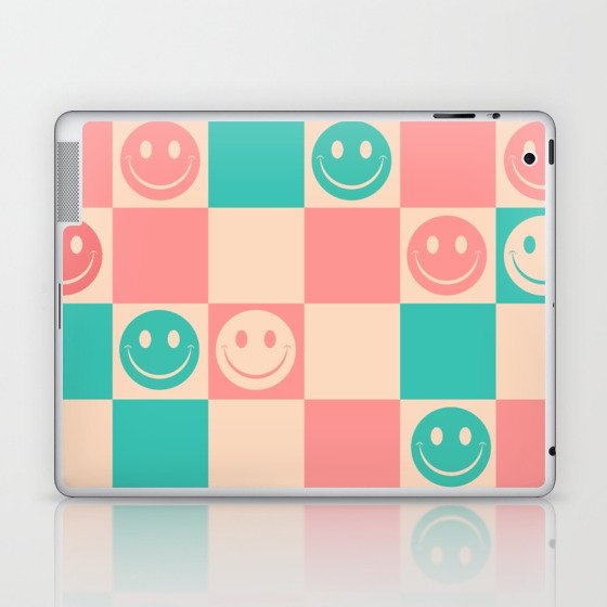 Smiley Retro Teal & Peach Check Laptop & iPad Skin