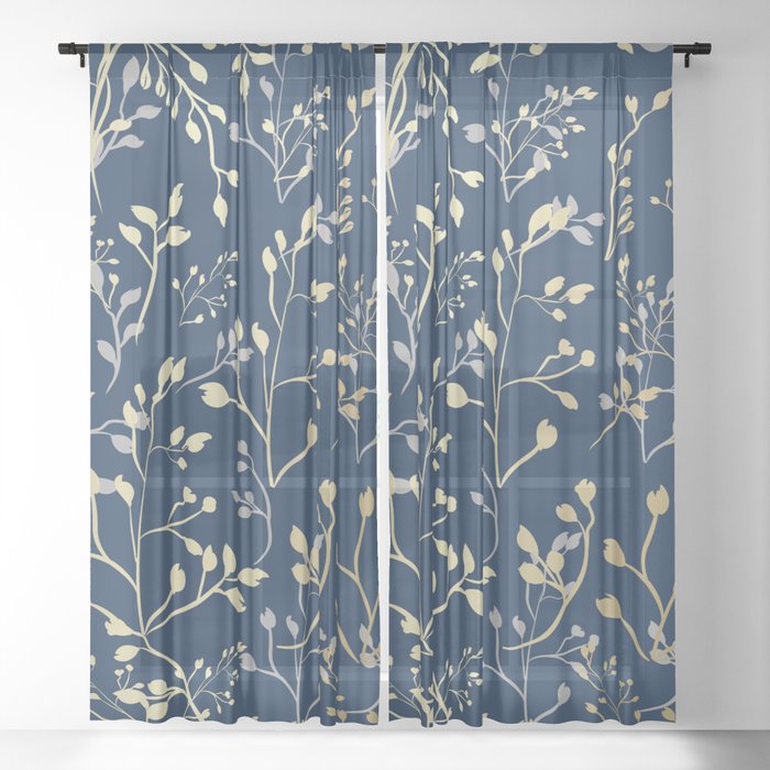 Floral Leaves, Navy Blue and Gold, Wall Art Prints Sheer Curtain