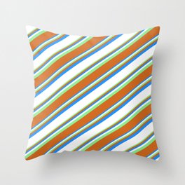 [ Thumbnail: Blue, White, Light Green, and Chocolate Colored Lined Pattern Throw Pillow ]