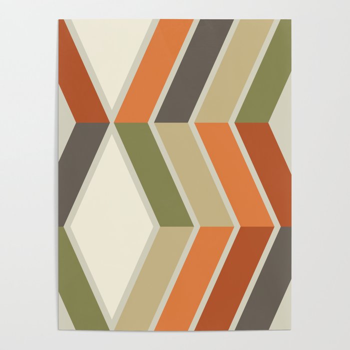 Mid Century Modern Diagonal Stripes Green Orange Poster