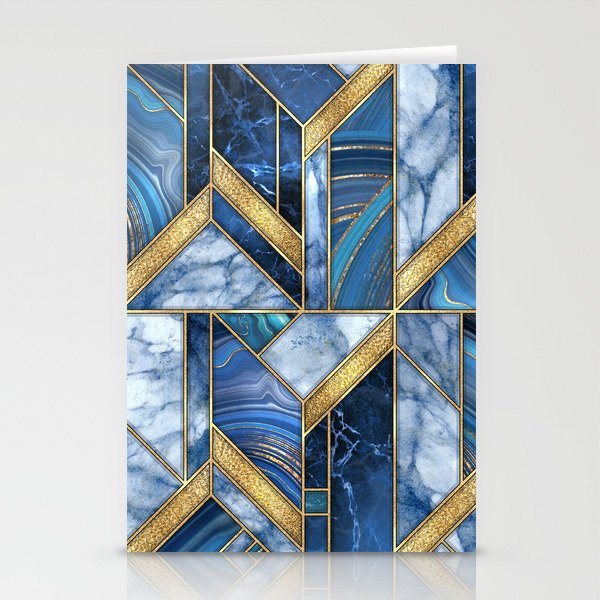 Art Deco Gold + Midnight Blue Marble Abstract Geometry Stationery Cards