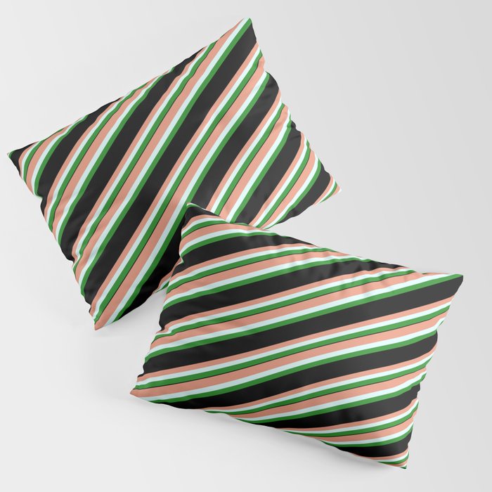 Dark Salmon, Light Cyan, Forest Green & Black Colored Striped Pattern Pillow Sham