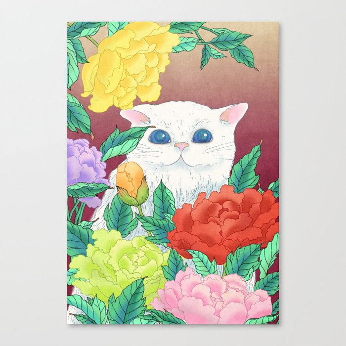 Minhwa: Cat in the Peony Bush E Type Canvas Print