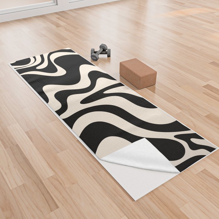 Retro Liquid Swirl Abstract Pattern 3 in Black and Almond Cream Yoga Towel