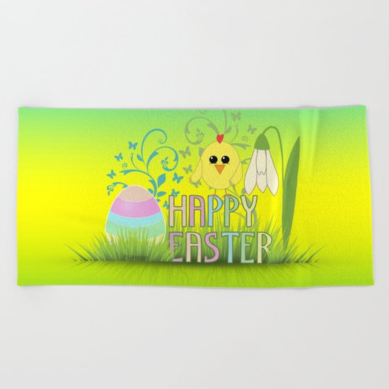 Happy Easter Egg, Chick and Snowdrop Beach Towel