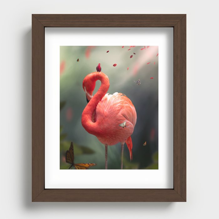 Flamingo with Butterflies Recessed Framed Print