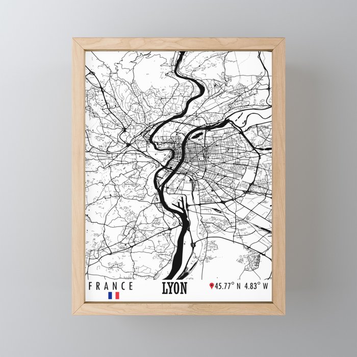 Lyon, France Road Map Art - Earth Tones Framed Mini Art Print