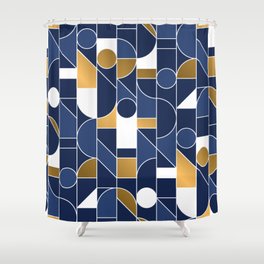 Abstract masculine marine. Blue and gold geometric hand drawn illustration pattern. Shower Curtain