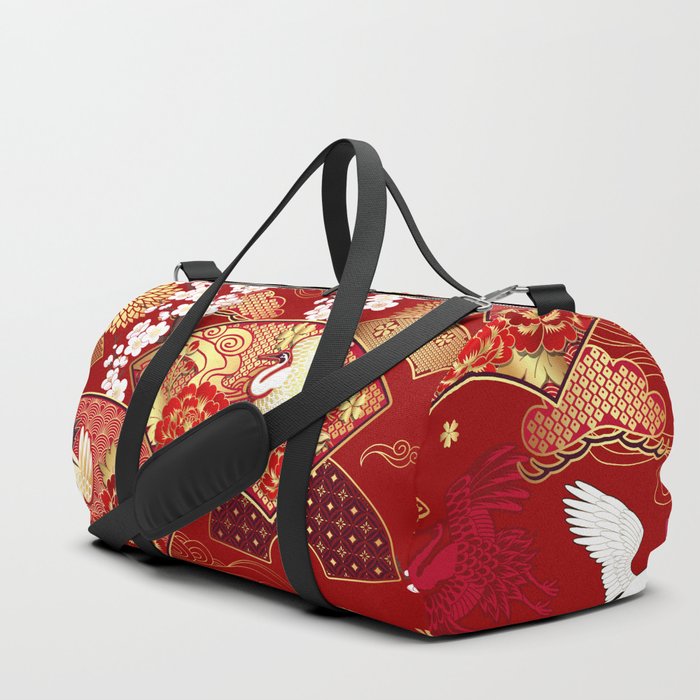 Spring Japanese background with fans and cranes Duffle Bag