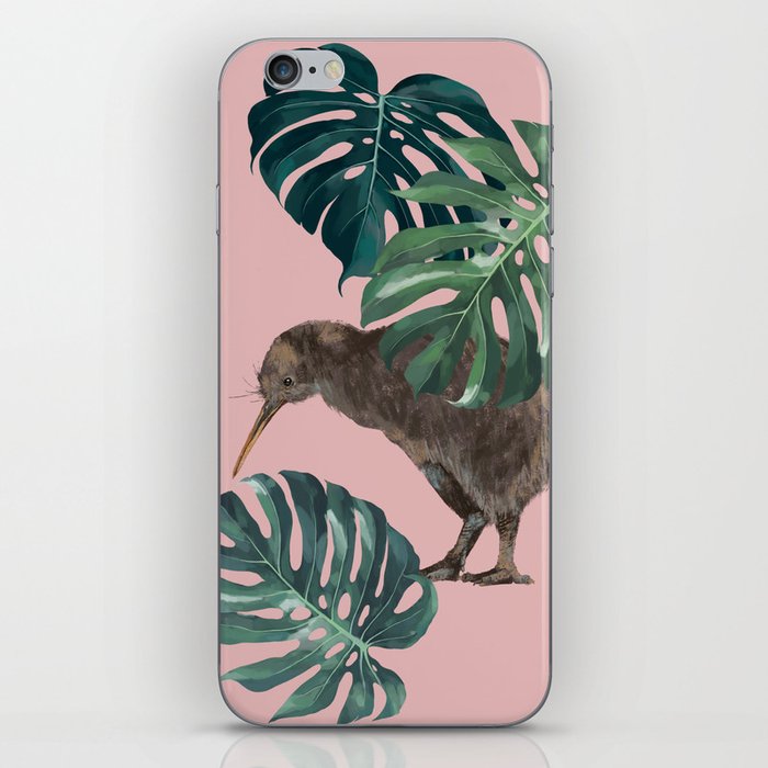 Kiwi Bird with Monstera in Pink iPhone Skin