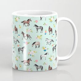 Horses and Small Flowers, Mint Blue, Horse Decor, Floral Print, Horse Art Coffee Mug
