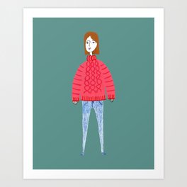 Girl in comfy clothes Art Print | Curated, Cardigan, Aidiriera, Turtleneck, Stay At Home, Bulky, Home, Fall, Gouache, Autumn 