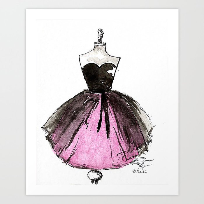 Pink and Black Sheer Dress Fashion Illustration Art Print
