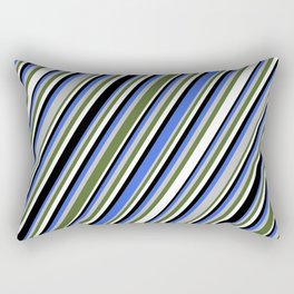 [ Thumbnail: Eye-catching Royal Blue, Grey, Dark Olive Green, White & Black Colored Lines Pattern Rectangular Pillow ]