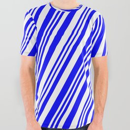 [ Thumbnail: Blue & White Colored Striped/Lined Pattern All Over Graphic Tee ]
