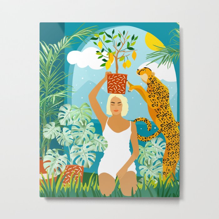 Bring The Jungle Home Illustration, Tropical Cheetah Wild Cat & Woman Painting Metal Print
